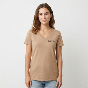Camiseta de Cuello en V para Mujer, Manga Corta, 100% Algodón, Informal, Transpirable, con Logotipo Estampado, Corte Regular, Tejido Jersey Beige - Product Image 1