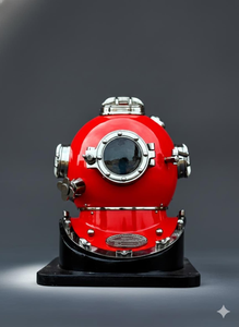 Réplica de Casco de Buceo Metálico Rojo con Base de Madera, Casco de Buceo Profundo, Decoración Náutica Marítima, Artículo Coleccionable - Product Image 3