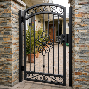 Puerta Peatonal de Hierro Forjado Negra con Decoración de Volteos, Puerta de Entrada con Pilares de Piedra para Seguridad del Hogar y Villas - Product Image 3