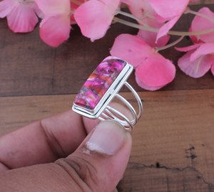 925 <b>Sterling</b> <b>Silver</b> Women's Classic Pink Copper Amethyst Bezel Setting Long Rectangle Composite Stone Multi <b>Wire</b> Split Band Ring - Product Image 4