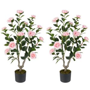 Set di 2 Alberi Artificiali di Camelia Arancione con Fiori Rosa in Fiore - Product Image 1