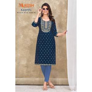 DISEÑADOR SLUB ALGODÓN BORDADO FOIL PRINT TRABAJO SOLO KURTI AZUL - Product Image 1