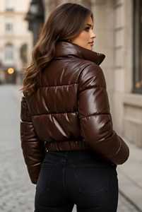 Veste matelassée marron pour femme, manches longues, col montant, fermeture éclair, couleur unie, vêtement d'hiver, longueur courte - Product Image 2