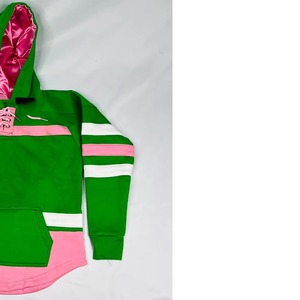 Sweat-shirt à capuche vert zippé avec manches rayées à lacets roses, poche, 100% coton, imperméable, coupe classique, décontracté, tricoté, unisexe - Product Image 6