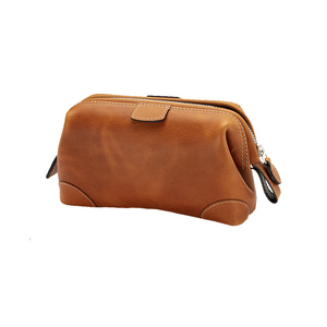 Trousse de toilette en cuir avec fermeture éclair, poignée souple, portable, minimaliste, grande capacité, marron, pour voyage, tendance - Product Image 6