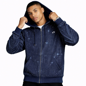 Sweat-shirts à capuche zippés pour hommes en molleton de coton épais personnalisés, entièrement ornés de strass rouges, coupe oversize, marque privée, production en gros - Product Image 5