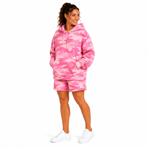 Custom Women Camo Short <b>Set</b> Oversized Pullover Hoodie Kangaroo Pocket Shorts <b>Set</b> Camouflage Print Fleece Tracksuit Short <b>Set</b> - Product Image 3
