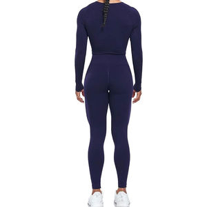 <b>Waisted</b> Full Length <b>Leggings</b> Solid Navy Blue Knitted Stretch Breathable Sporty Yoga Workout Pants Women's <b>Leggings</b> - Product Image 2