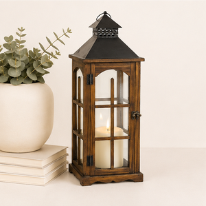Farol de Madera Rústico Hecho a Mano con Tapa Metálica Decorativa, Estilo Vintage de Granja, Farol de Cristal para Interiores - Product Image 6