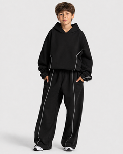 Sweat-shirts à capuche décontractés et respirants pour garçons, noirs avec lignes contrastées, en molleton premium, coupe oversize, vente en gros - Product Image 3