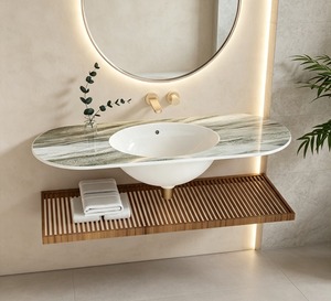 Lavabo Ovalado de Mármol para Montar en la Pared con Escurridor de Madera, Acabado Pulido, Diseño Minimalista, Mueble de Baño - Product Image 1