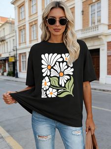 T-shirt imprimé graphique 100 % coton pour femme, col rond, coupe ample et confortable, manches courtes, idéal pour l'été - Product Image 2
