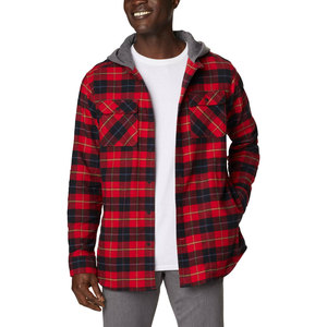 Custom Wholesale Men's Red Plaid Flannel <b>Shirt</b> <b>Hoodie</b> Casual Cotton Long Sleeve Button Up Streetwear Hooded <b>Checked</b> Jackets - Product Image 1