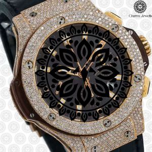 Charm_Jewells Luxury Men's Diamond Bezel Quartz Watch 42mm Round Case Leather Band Analog <b>Chronograph</b> Fashion Design - Product Image 2