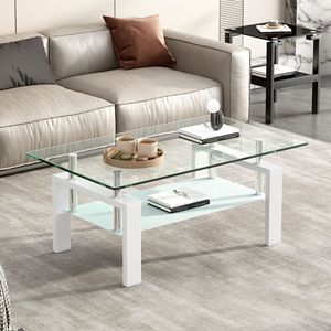 2-Layer Tempered <b>Clear</b> Glass Coffee <b>Table</b> for Living Room As Centerpiece - Product Image 1