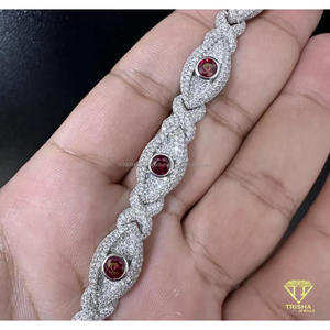 Luxury Moissanite Diamond Oval Link <b>Bracelet</b> in 925 Sterling Silver with <b>Ruby</b> Red Round Center Stones and Iced Finish - Product Image 4