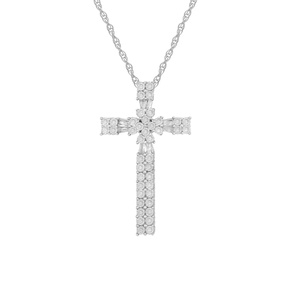 JEWELSPAARK 1.07 Ct Round Baguette Natural White Diamond Christian <b>Cross</b> Pendant Necklace 925 Sterling Silver Religious - Product Image 1