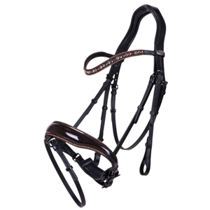 Bridon d'équitation en cuir verni fait main avec frontale en strass et coiffure anatomique rembourrée pour dressage anglais - Product Image 1