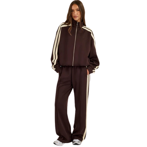 Women Full <b>Zip</b> <b>Hooded</b> Tracksuit Set Contrast Sleeve Stripes Wide Leg Trousers Drawstring Waist Loose Two Piece Streetwear Outfit - Product Image 1