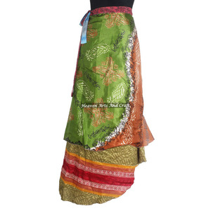 Casual Wear 2 Layer Wrap Around Hippie Silk <b>Long</b> <b>Skirt</b> Women Wear Vintage Silk Sari <b>Long</b> Length Wrap Around <b>Skirt</b> 2 Layer Saree - Product Image 3