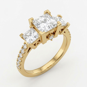 Three <b>Stone</b> Princess Cut VVS2 Diamond Classic Engagement Ring 18K Gold Plated Claw Set Wedding Anniversary Gift Jewelry - Product Image 1