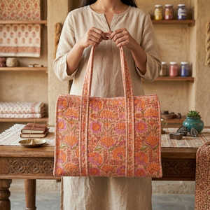 Bolso Tote Acolchado de Algodón Beige Hecho a Mano, Bolso de Hombro con Estampado Floral Naranja y Rosa con Ribete a Rayas, Obra Maestra de Alta Costura - Product Image 6