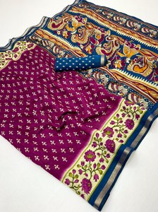 ผ้าซารีพิมพ์ลายปาโตลา วิสโคสแท้ พร้อมพัลลูสีสันสดใสและขอบผ้าปักดิ้นทอง ดีไซน์แบบดั้งเดิมสำหรับชุดพื้นเมือง พร้อมผ้าคลุมไหล่สีตัดกัน - Product Image 6