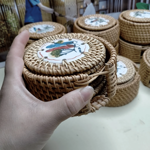 Rattan <b>Coasters</b> with mother of pearl inlay <b>woven</b> rattan shell material for drink holder table accessory Vietnam - Product Image 2