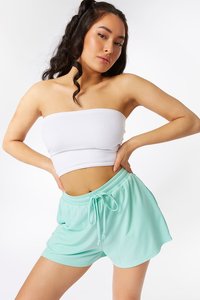 Shorts de Punto Verde Menta para Mujer, Cintura Alta, Elástica, Casual, Transpirable, Corte Regular, Color Sólido, Estilo Falda Corta - Product Image 1