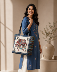 Bolsa de lona bordada con diseño de elefante y patrón étnico, bolso de hombro para compras, salidas informales y uso diario. - Product Image 3