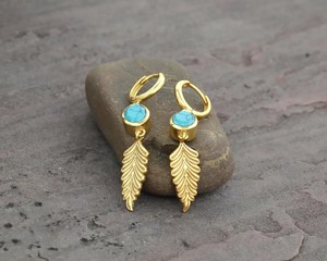 Turquoise <b>Leaf</b> Dangle Earrings 925 Sterling Silver Natural Stone Feather Drop Boho Handmade <b>Jewelry</b> Women Gift - Product Image 4