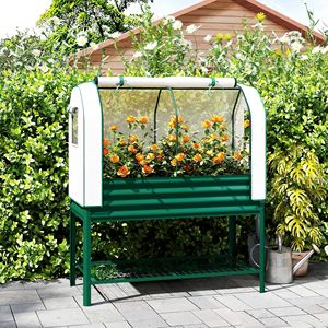 Fioriera Rialzata in Metallo Zincato con Copertura a Serra, Dotata di Rivestimento Interno e Ripiano Inferiore per la Cura del Giardino - Product Image 2
