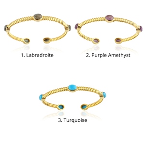 Pulsera ajustable de alta demanda con piedras naturales de labradorita, amatista y turquesa, chapada en oro de 18k, brazalete abierto para mujer. - Product Image 1
