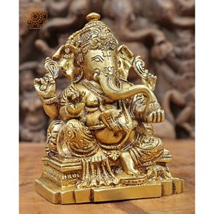 พระพิฆเนศทองเหลืองขนาด5นิ้วทำด้วยมือรูปปั้นบนบัลลังก์รูปปั้นขนาดเล็กสำหรับเป็นของขวัญผลิตในอินเดีย - Product Image 2