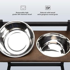 Adjustable Elevated Double Dog Bowl Stand with 2 Stainless Steel Feeding Bowls Wooden Top Raised Pet Food & Water Feeder for Dog - Product Image 4