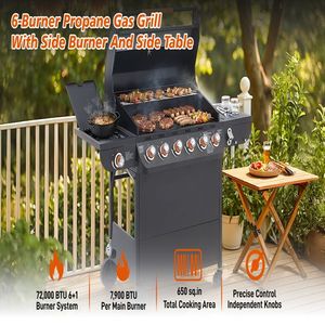 Grill a Gas Propano a 6 Bruciatori, 72000 BTU, in Acciaio Inossidabile, con Griglie in Ghisa e Bruciatore Laterale - Product Image 4