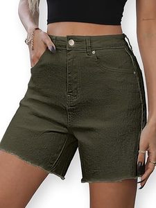 Shorts en toile de coton vert olive taille haute avec braguette boutonnée et ourlet déchiré, style décontracté à cinq poches - Product Image 1