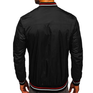 Blouson Bomber Noir Homme Style Urbain avec Fermeture Éclair Rouge, Col Montant, Coupe-Vent Décontracté en Polyester/Coton, Manches Longues, Fermeture Éclair Intégrale, Hiver - Product Image 3