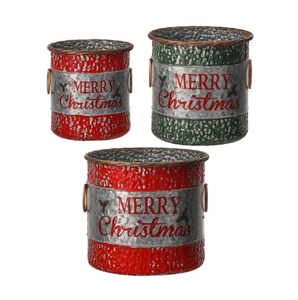 Joyeux Noël - Ensemble de 3 pots en métal rouge et vert - Contenants décoratifs rustiques galvanisés pour une utilisation intérieure - Product Image 1
