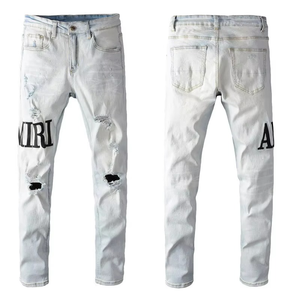 High Street Wind AM Embroidered <b>Jeans</b> Men's Ripped <b>Elastic</b> Slim Legs Men Denim <b>Jeans</b> Casual Distressed Streetwear Washed <b>Jeans</b> - Product Image 3