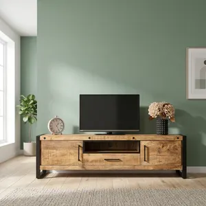 Mueble de TV de Madera Hecho a Mano con Dos Puertas y un Cajón, con Tiradores de Metal Negro, Mueble de Entretenimiento Rústico con Estante Abierto para Almacenamiento - Product Image 4