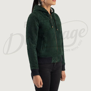 Women Emerald Green Genuine <b>Suede</b> Leather Hooded Bomber <b>Jacket</b> Slim Fit Premium Goat <b>Suede</b> Casual Winter Outerwear Fashionable - Product Image 4