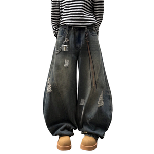 Mens Black Washed Distressed Wide Leg <b>Baggy</b> <b>Jeans</b> <b>Low</b> <b>Waist</b> Loose Fit Casual Streetwear Denim Pants Ripped Breathable Midweight - Product Image 1