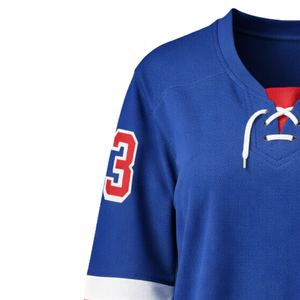 Maillot de hockey sur glace pour femmes, bleu et rouge, respirant, à manches longues, uniforme de hockey de performance, style équipe - Product Image 6