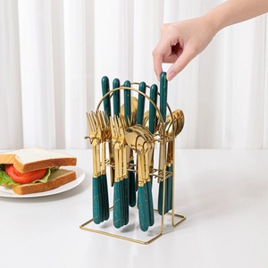 Ensemble de couverts en acier inoxydable, couteau, fourchette, cuillère, ensemble de couverts avec manche en plastique et céramique, pour fête, dîner, vaisselle de table - Product Image 1