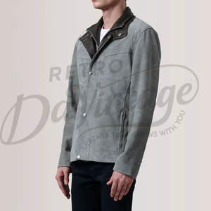 Veste safari en daim beige pour homme, véritable peau de mouton, multi-poches, ceinture, col montant avec boucle. - Product Image 3