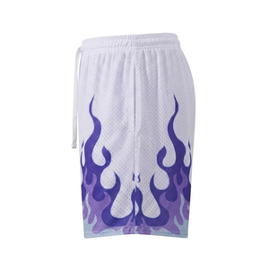 Shorts de basket-ball en maille blanche pour hommes, avec imprimé flamme violette, taille à cordon de serrage, vêtements de sport décontractés, pantalons courts respirants - Product Image 5