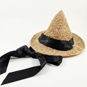 Chapeau de sorcière en paille, accessoire de costume d'Halloween, chapeau de sorcier pointu tissé à la main, doux, avec grand nœud en satin noir Viettimecraft - Product Image 2