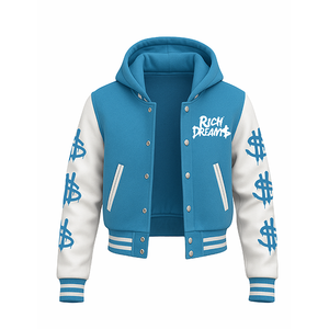 Chaqueta Varsity con Diseño Nuevo y Estampado de Dólares - Chaqueta Bomber con Capucha Azul y Blanca para Moda Urbana y Hip Hop - Product Image 2