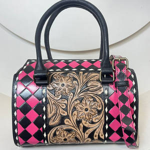 Medium Speedy <b>Bag</b> Hand Tooled Genuine Leather Shoulder Handbag with Checkered Design <b>Crossbody</b> Purse for Daily Travel Duffel <b>Bag</b> - Product Image 4